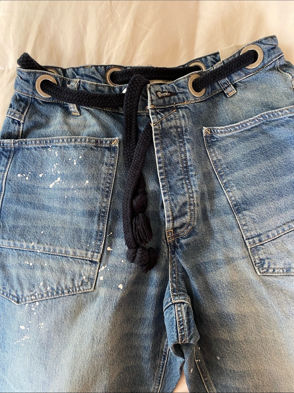 We The Free Washed Denim paint spatter jeans, Drawstring   Size 30